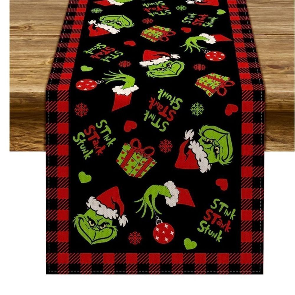 Grinch Christmas Table Runner Merry Christmas Buffalo Plaid Check 13" x 72")